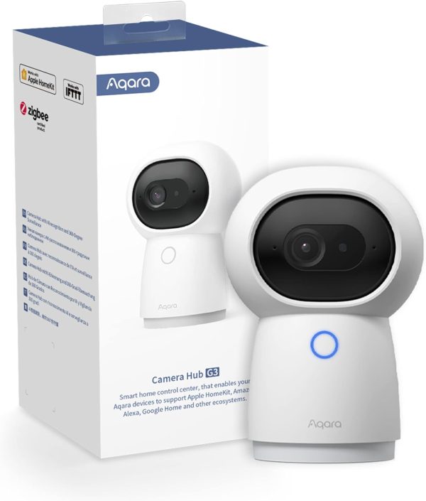 Camera Aqara Hub G3 2K Security Indoor, Nhận dạng khuôn mặt và cử chỉ AI, Điều khiển từ xa hồng ngoại, Góc xem 360° thông qua chế độ xoay ngang và nghiêng, Tương thích với Alexa, HomeKit Secure Video, Google Assistant, IFTTT