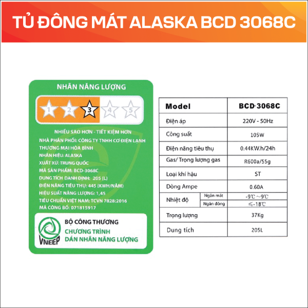 Tủ đông mát Alaska BCD 3068C